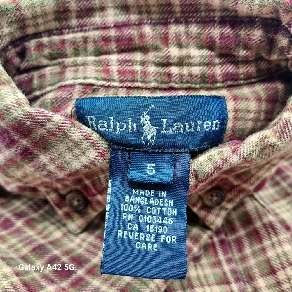 Ralph Lauren Boys Size 5 Plaid Button Down Shirt Burgundy Tan Green Cotton